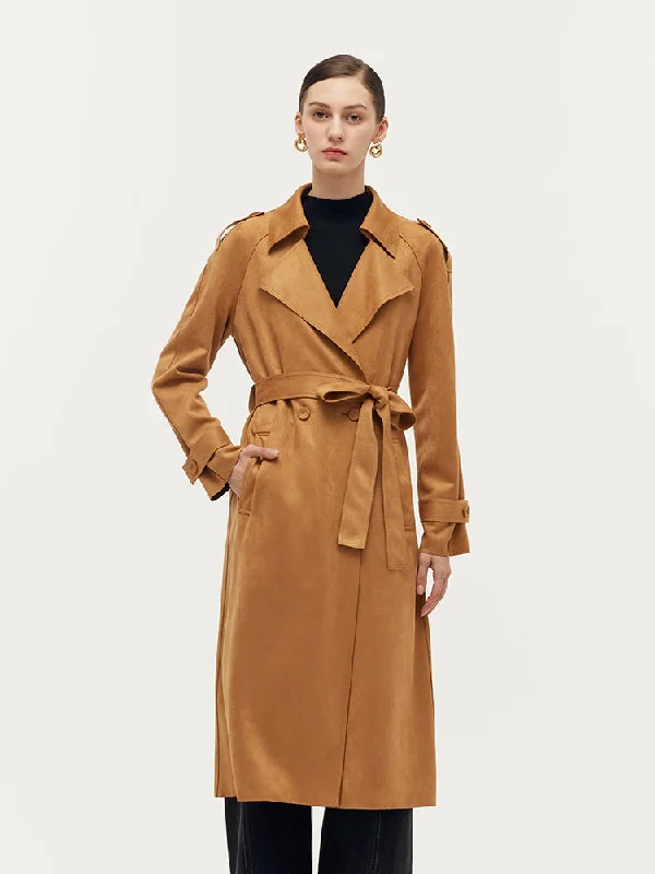 Faux Suede Women Trench Coat With Belt