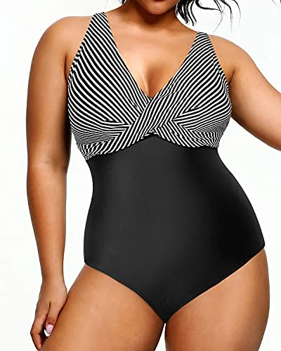 Slimming Tummy Control Plus Size Bathing Suits For Women-Black Stripe