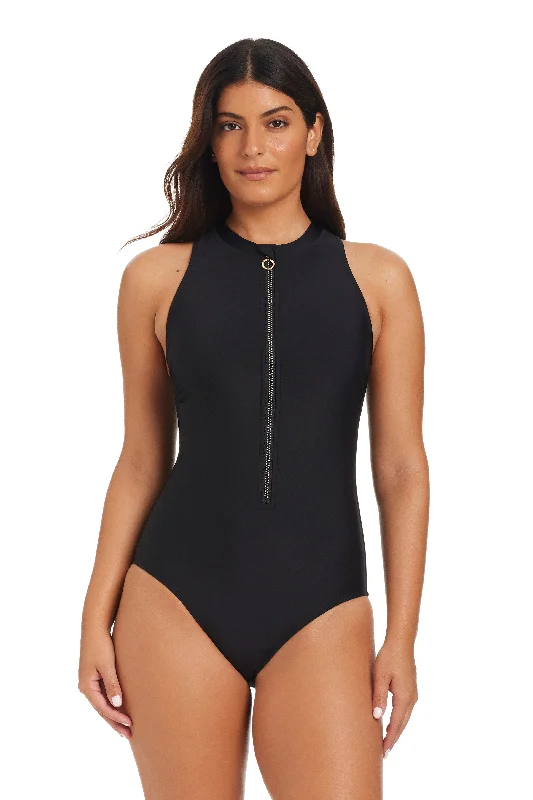 Beyond Tummy Control Core Zip Front Sleeveless Rashguard One Piece Control Swimsuit