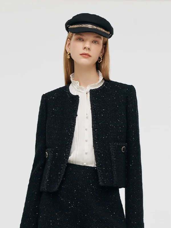 Wool Blend Tweed Sequins Women Crop Jacket