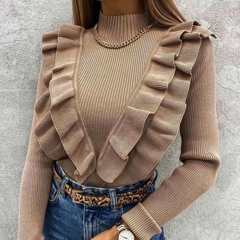 Women's Knitted Sweater Long Sleeve Solid Coffee Slim Elegant Office Lady Pullover 2022 Spring Fashion Top New