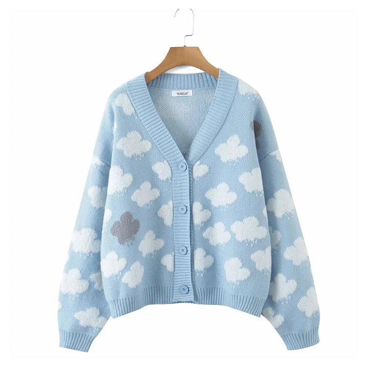 Sweet aging V-neck cloud jacquard knitted cardigan  7312