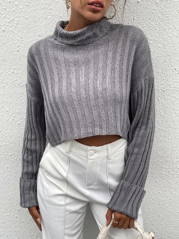 Casual Plain Long Sleeve Funnel Neck Crop Women Sweater