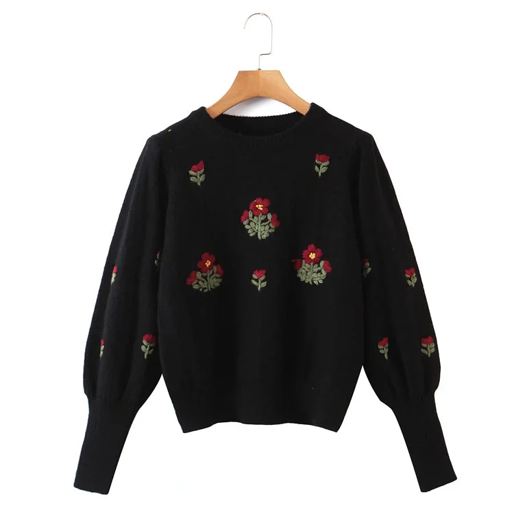 Lazy wind retro Flower Embroidered round neck Pullover Sweater  7328