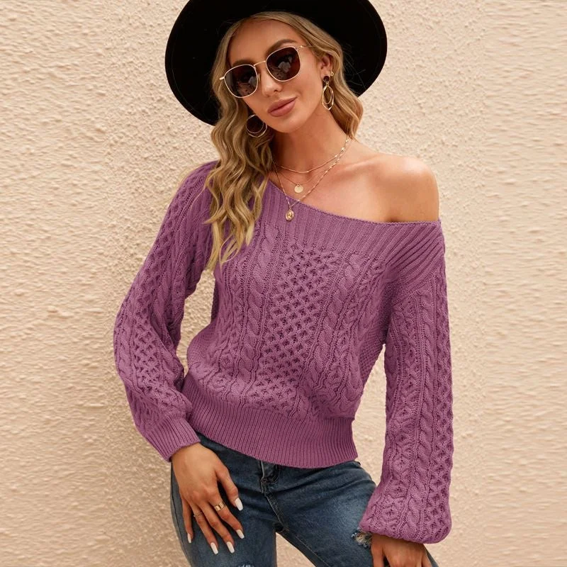 New Women's Blouse Pure Color All-Matching Twisted Knitted Sweater Sexy Slim-Fit Off-Neck