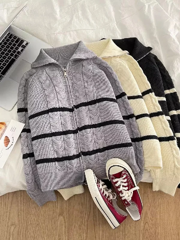 double zipper casual striped sweater jacket   S4772