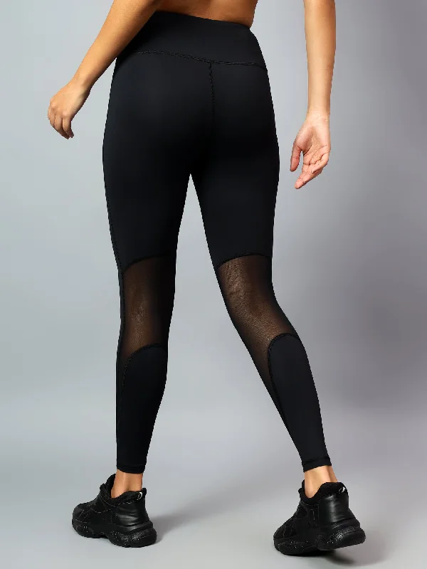 Fitkin Women's Black Back Mesh Design Tights